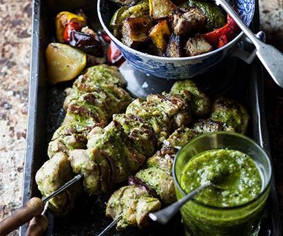 chicken espetada with warm pesto veggies