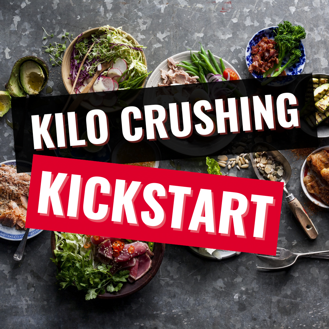 Kilo Crushing Kickstart Bundle - A motivational image featuring banting and keto food choices.